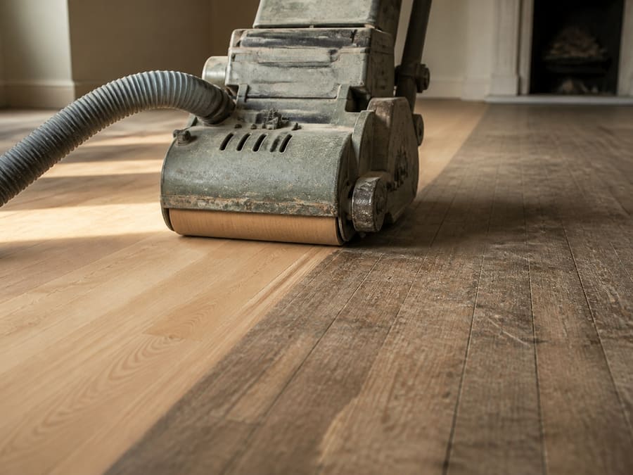 A drum sander taking a worn oak floor back to bare wood, with the sanded and unsanded halves meeting mid-board