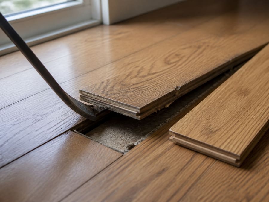 A damaged section of hardwood flooring being cut out so replacement boards can be woven into the surrounding floor