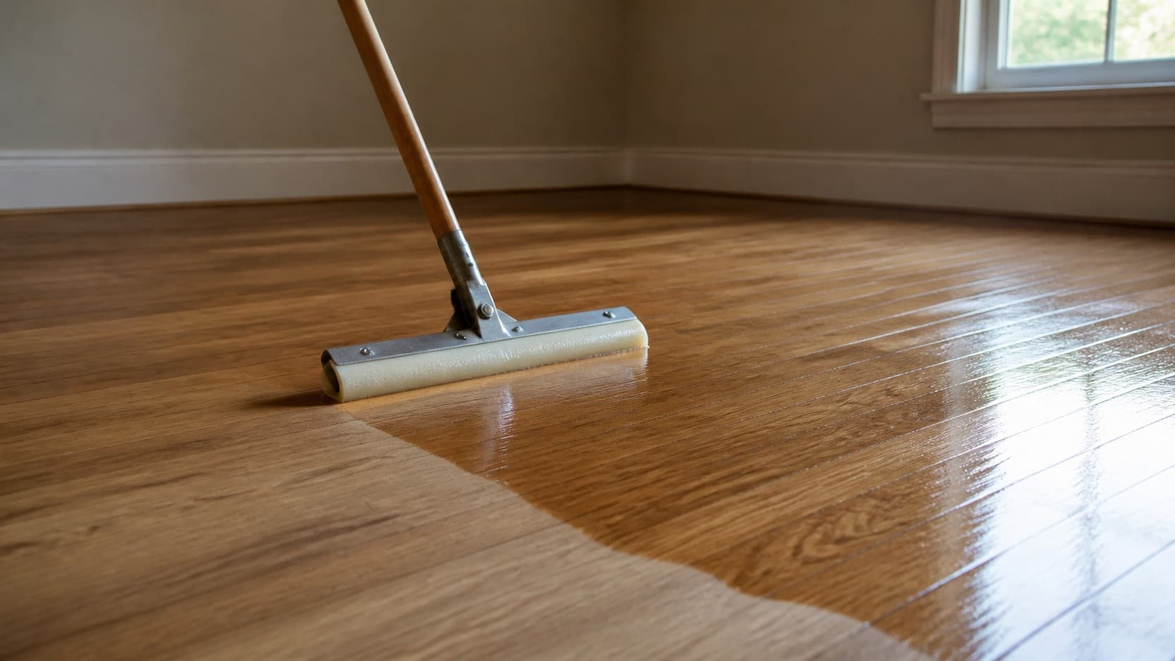 A floor buffer with a fine abrasive pad working across a hardwood floor ahead of a fresh coat of finish