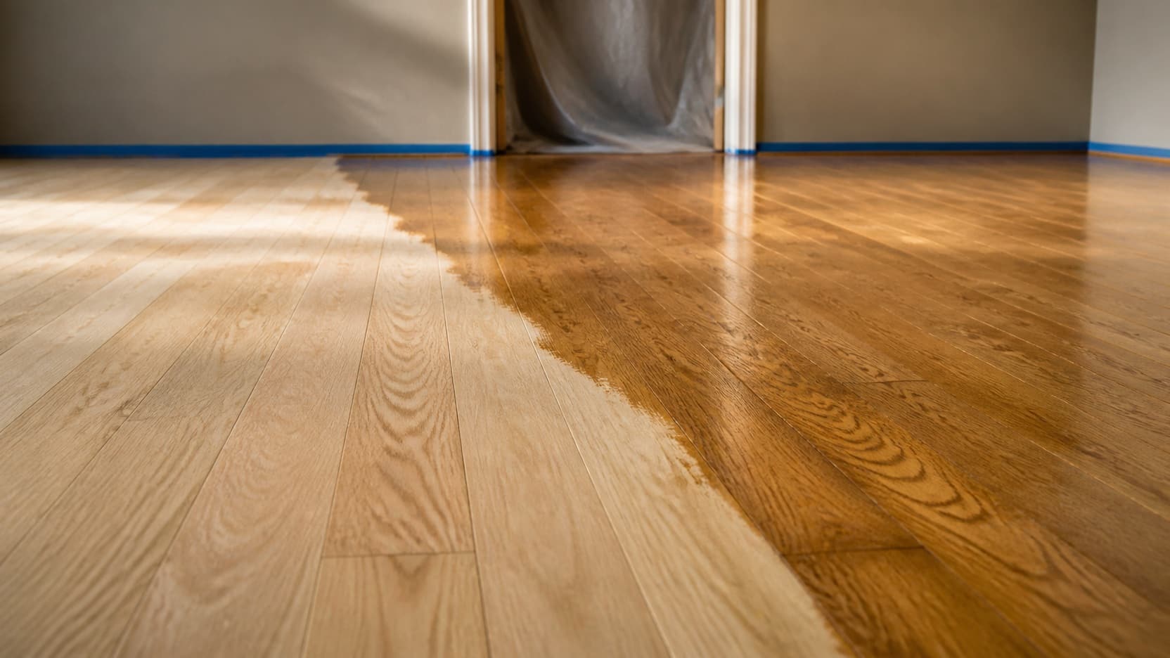 A sanded oak floor mid refinish in a Staten Island home, half raw wood and half freshly coated