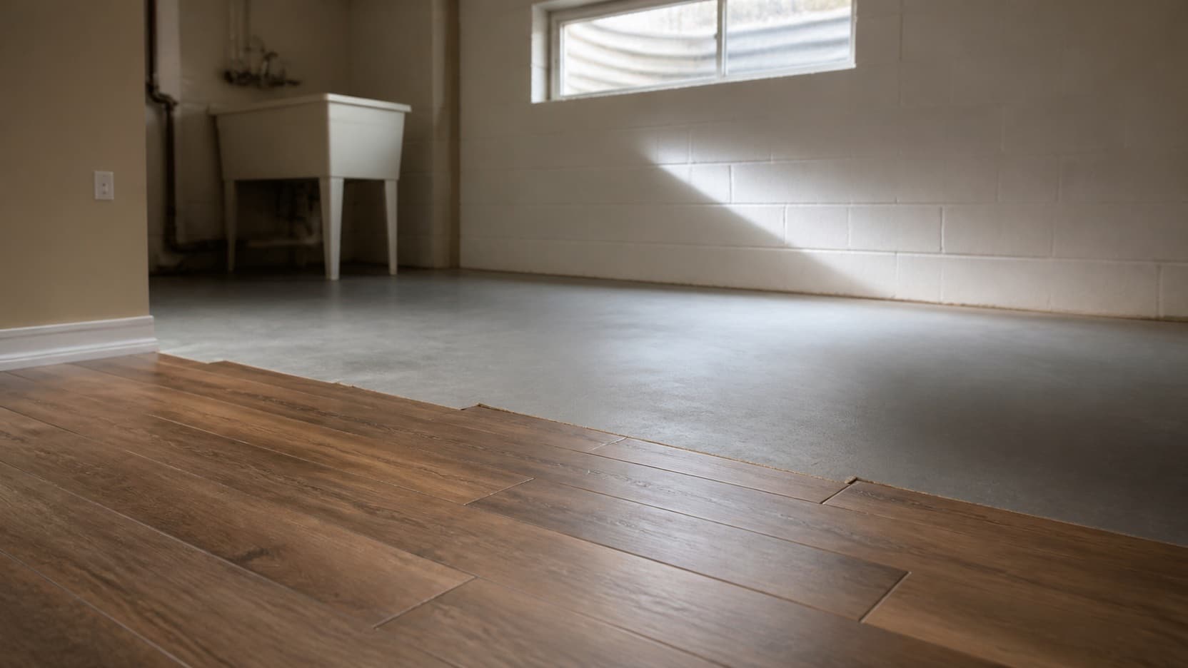 Luxury vinyl plank being laid across a levelled concrete basement floor in a Staten Island home